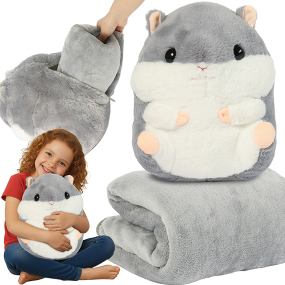 Měkký plyšový křeček - polštář s dekou 3v1, šedý