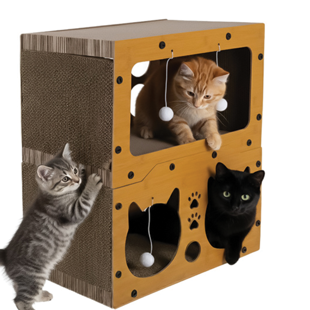 Škrabadlo pro kočky dvoupatrové, 3v1, hnědé