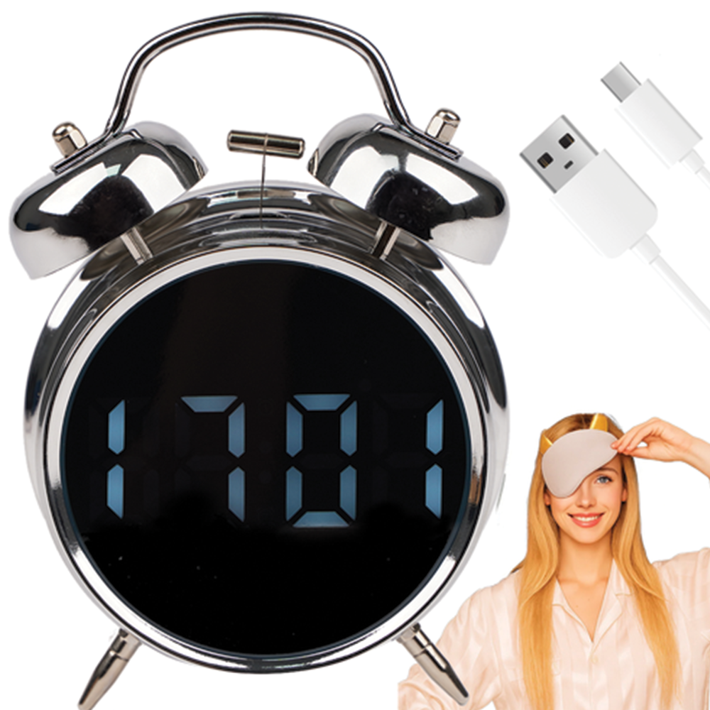 Digitální LED hodiny ve stylu retro budíku, stříbrné