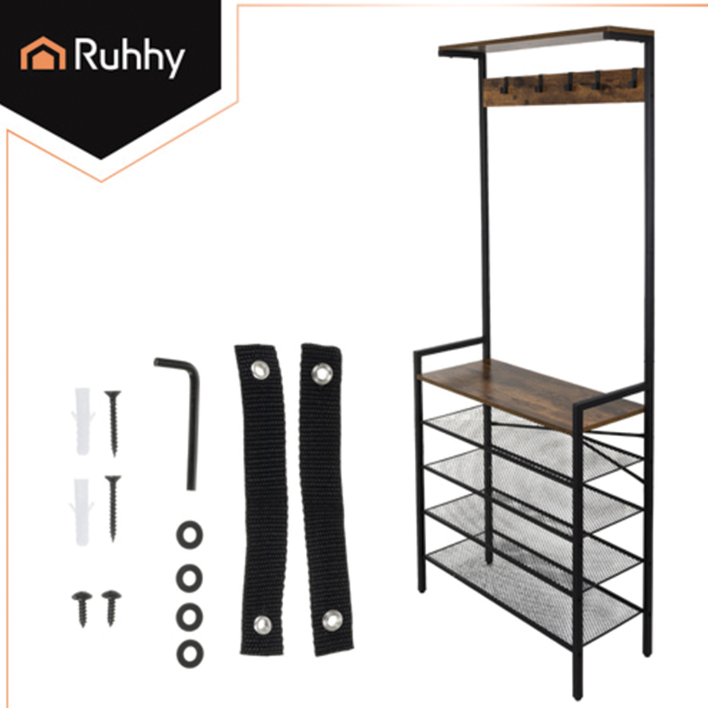 Stojanová police s věšákem - kovový loftový organizér do chodby se 4 policemi a háčky