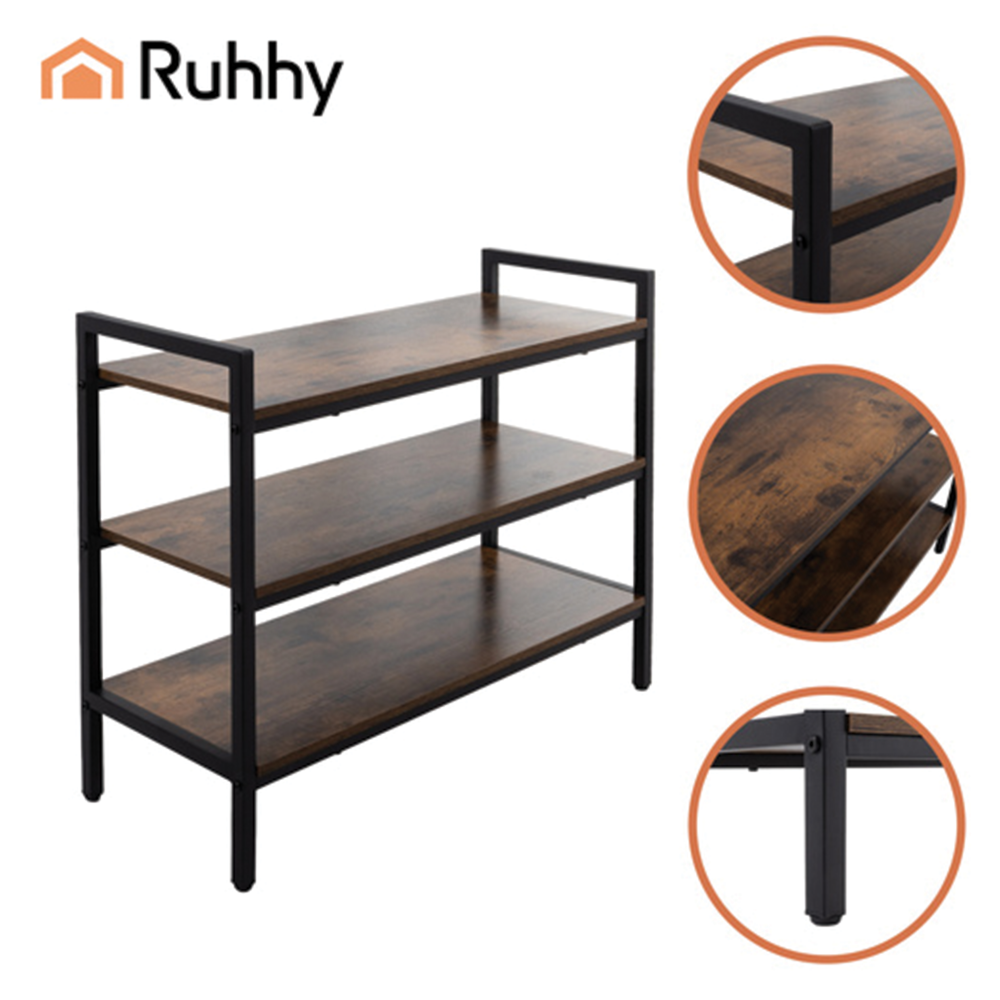 Kovový botník se 3 dřevěnými policemi – stabilní loftový stojan na obuv a doplňky