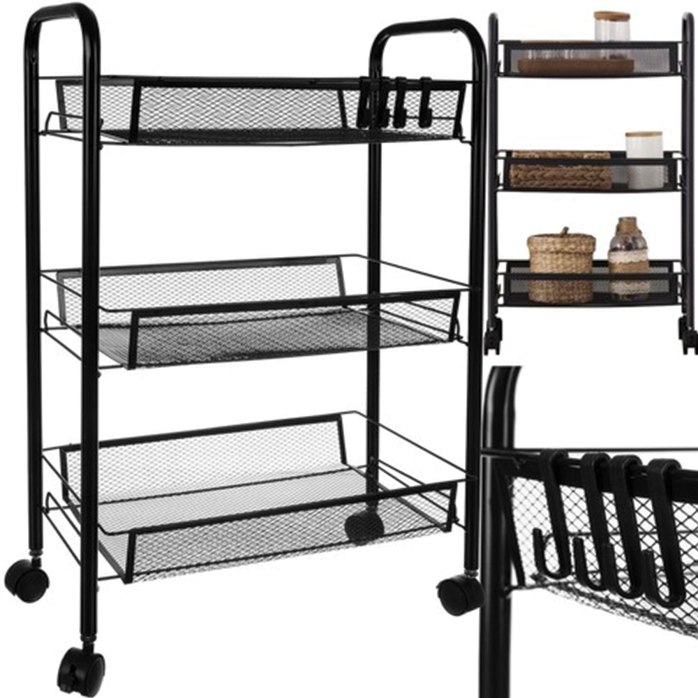Regál na kolečkách, kov, 3 police, černý
