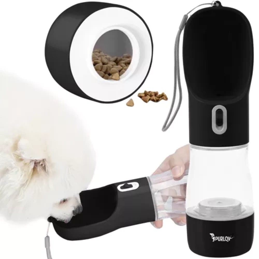 Cestovní láhev pro zvířata s miskou a zásobníkem 3v1